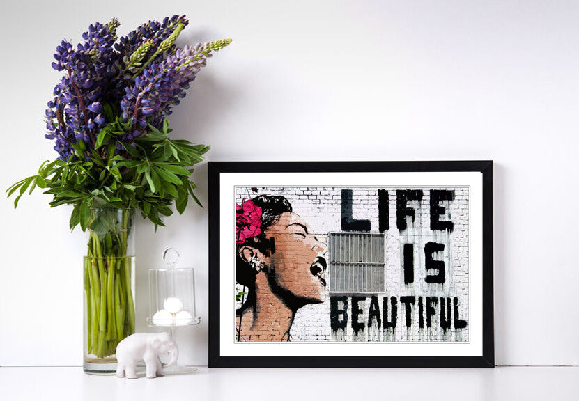 Banksy Framed Poster - Life Is Beautiful Print, Handmade UK Art, Wood Grain Frame