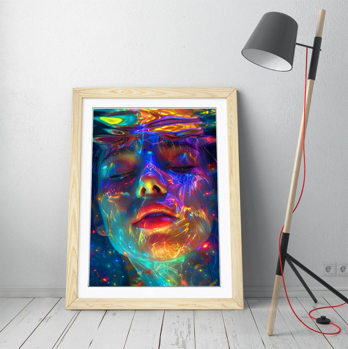 Underwater Woman Wall Art – Framed Multi Colour Portrait Poster Print with Woodgrain Frame