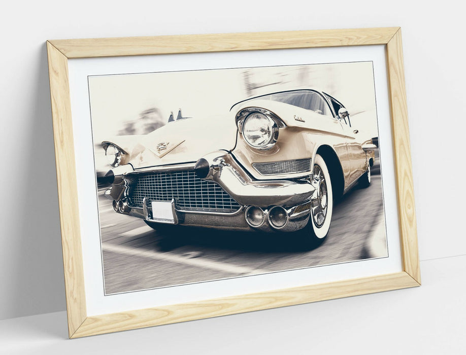 Framed Art Poster - Vintage car Wall Art Print with Woodgrain Frame Design