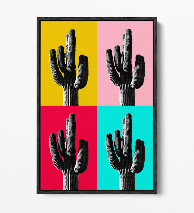TRENDY B&W CACTUS POP ART MULTI-COLOURED -FLOAT EFFECT CANVAS WALL ART PRINT