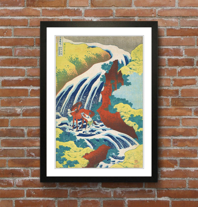 Framed Art Poster – Hokusai Japanese Waterfall Print with MDF Woodgrain Frame