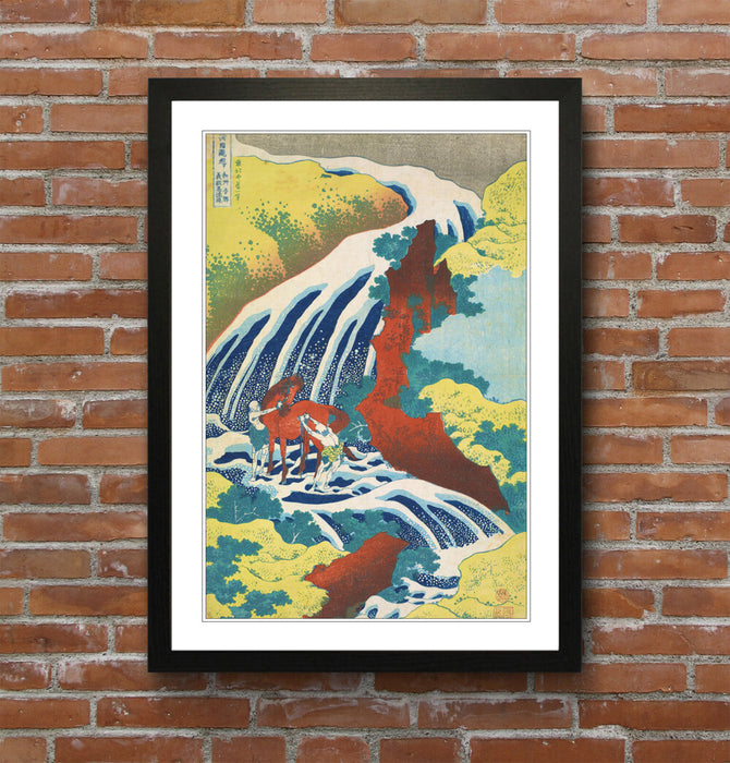 Framed Art Poster – Hokusai Japanese Waterfall Print with MDF Woodgrain Frame