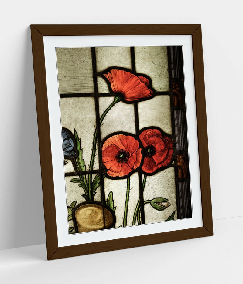 Framed Poster Art - Stained Glass Art Poppy Wall Decor With Woodgrain Frame