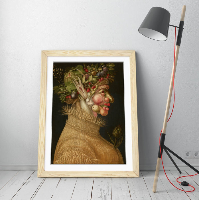 Framed Wall Art Poster - Giuseppe Acrimboldo Summer Portrait with Woodgrain Frame