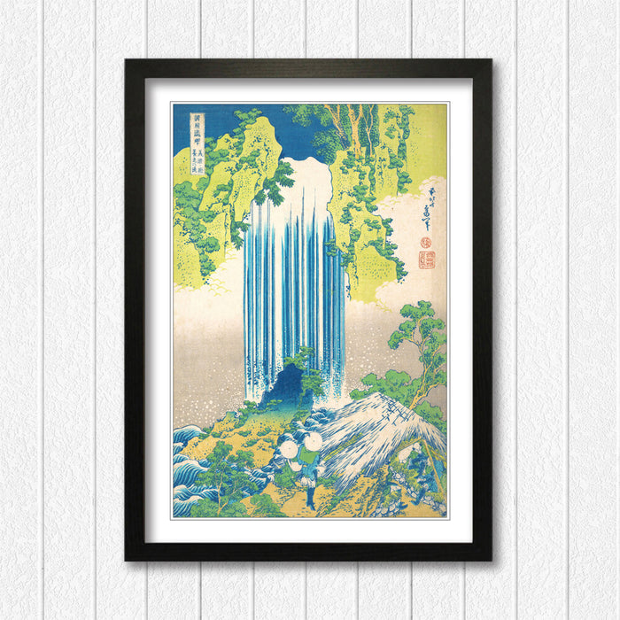 Hokusai Waterfall Art – Framed Japanese Art Print With Woodgrain Frame