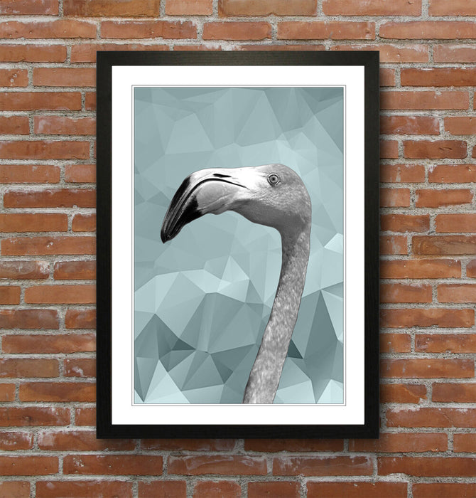 FLAMINGO BLACK AND WHITE DUCK EGG BLUE GEO FRAMED POSTER WALL ART PRINT ARTWORK