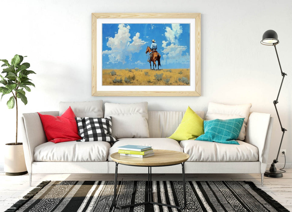 Framed Wall Art Poster – Cowboy Wall Art With Blue Sky & Natural Wood Frame