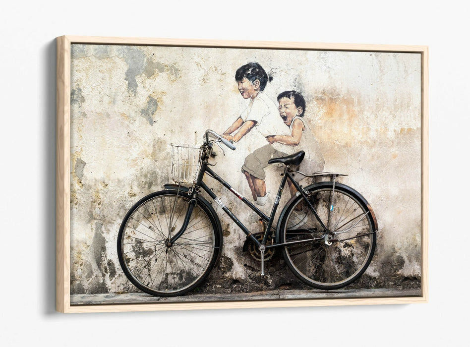 KIDS ON BIKE -FLOAT EFFECT CANVAS WALL ART PIC PRINT- BEIGE GREY BLACK