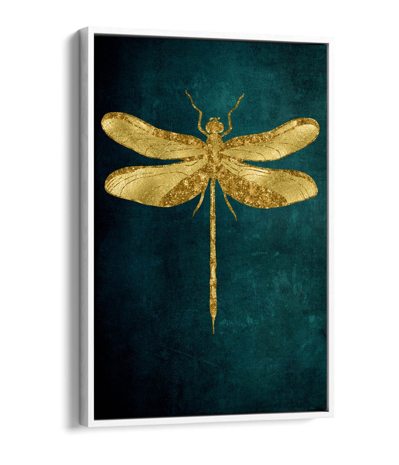 Canvas Wall Art – Gold Dragonfly On Dark Teal Background | Float Effect Print