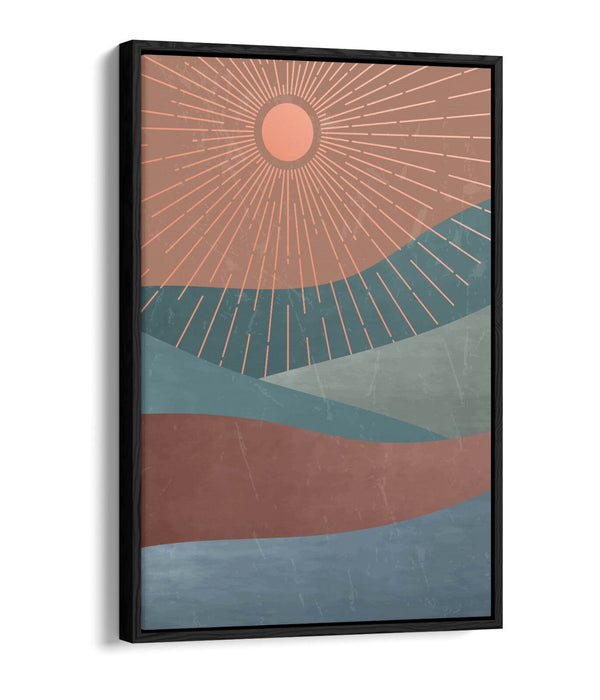 Canvas Wall Art – Abstract Sun Rays & Mountains Float Effect Print with Premium Varnish