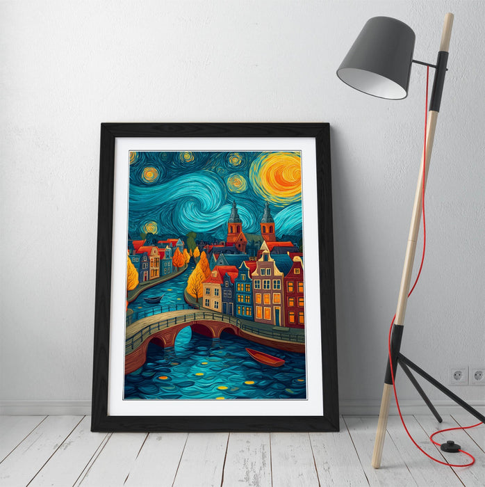 Van Gogh Wall Art – Framed Amsterdam City View Poster Print With Wood Grain Frame