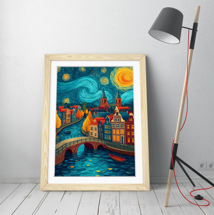 Van Gogh Wall Art – Framed Amsterdam City View Poster Print With Wood Grain Frame