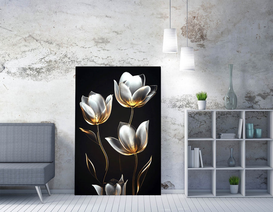 Tulip Canvas Wall Art – Handmade Silver Flower Wall Decor with Gold Tulip Artwork