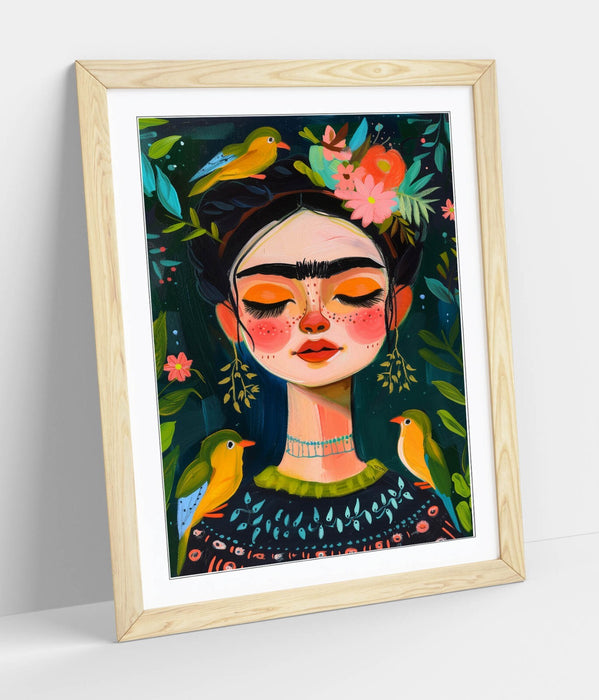 Frida Kahlo Wall Art – Cute Portrait Print With Jungle Wall Decor & Woodgrain Frame