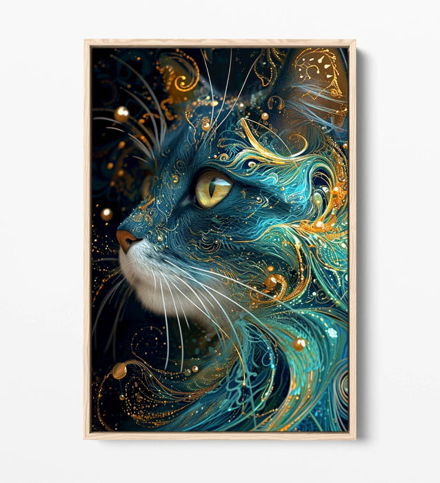 Canvas Wall Art | Handmade Blue Gold Cat Float Effect Print – Ready To Hang Contemporary Decor