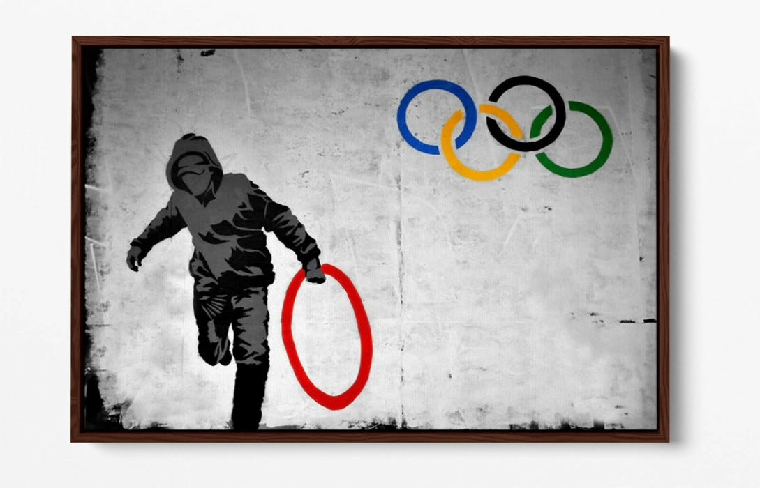 BANKSY OLYMPIC RINGS -FLOAT EFFECT CANVAS WALL ART PIC PRINT- RED YELLOW BLUE