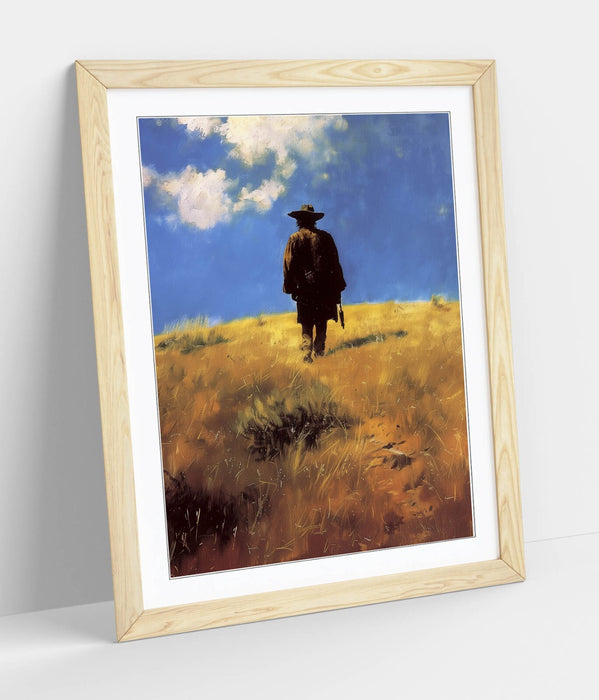 Framed Wall Art - Wandering Cowboy Blue Sky Landscape Poster Print With Woodgrain Frame