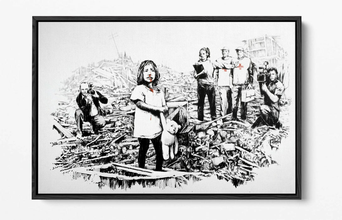 BANKSY MEDIA -FLOAT EFFECT CANVAS WALL ART PIC PRINT- BLACK & WHITE