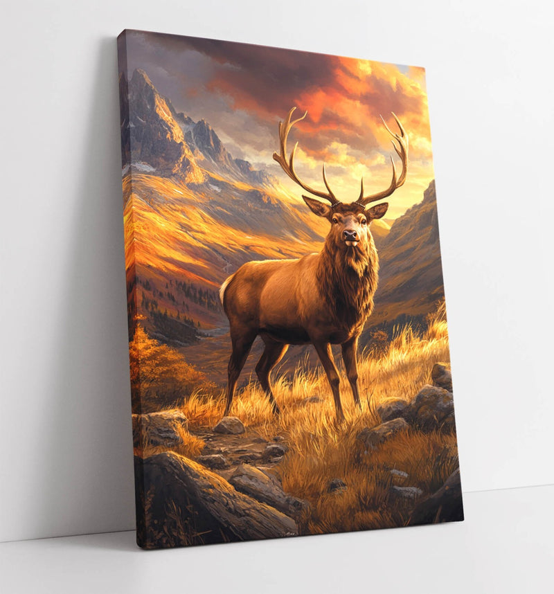 Stag Canvas Wall Art - Majestic Wildlife Print With Sunset Landscape