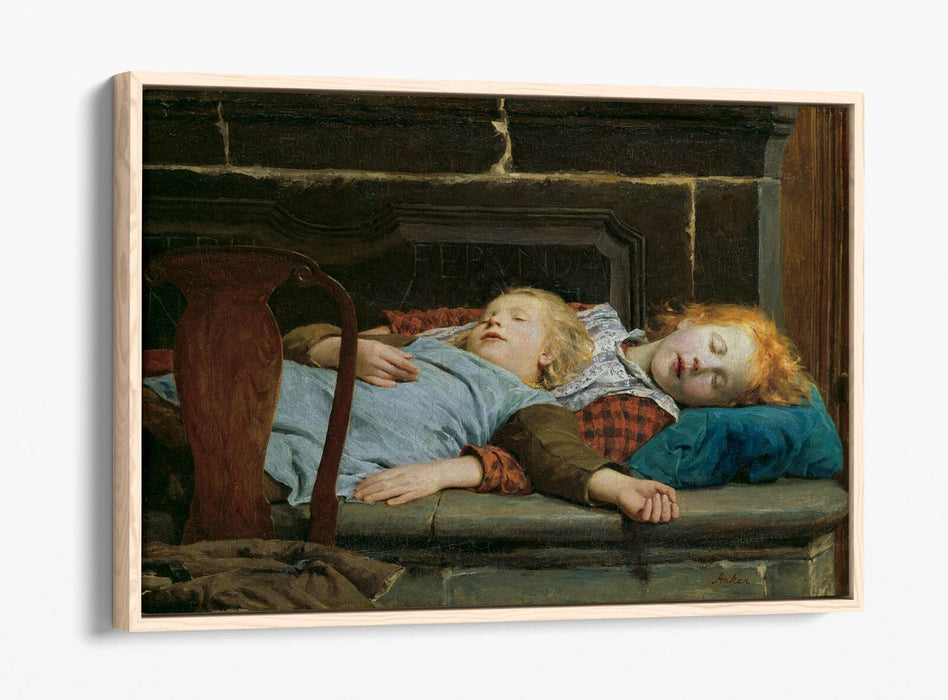 Float Effect Canvas Art - Albert Anker Two Girls On Stove Bench Premium Print