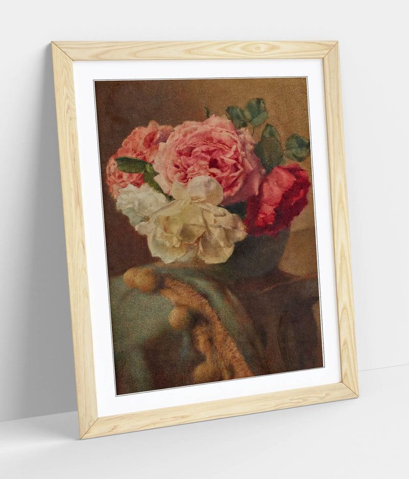Framed Wall Art - William John Wainwright Roses Floral Poster Print in Woodgrain Frame