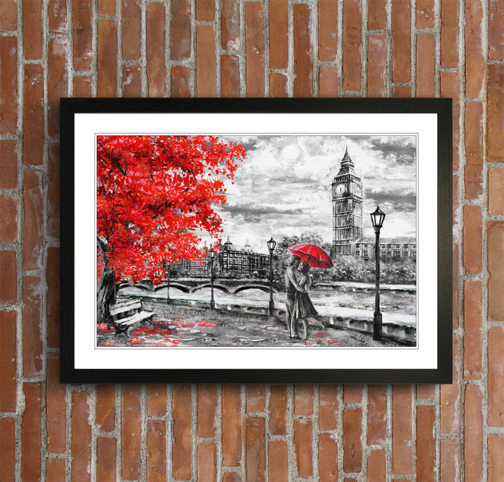 London Big Ben Grey Red Umbrella Wall Art Picture Framed Poster Print 4 sizes