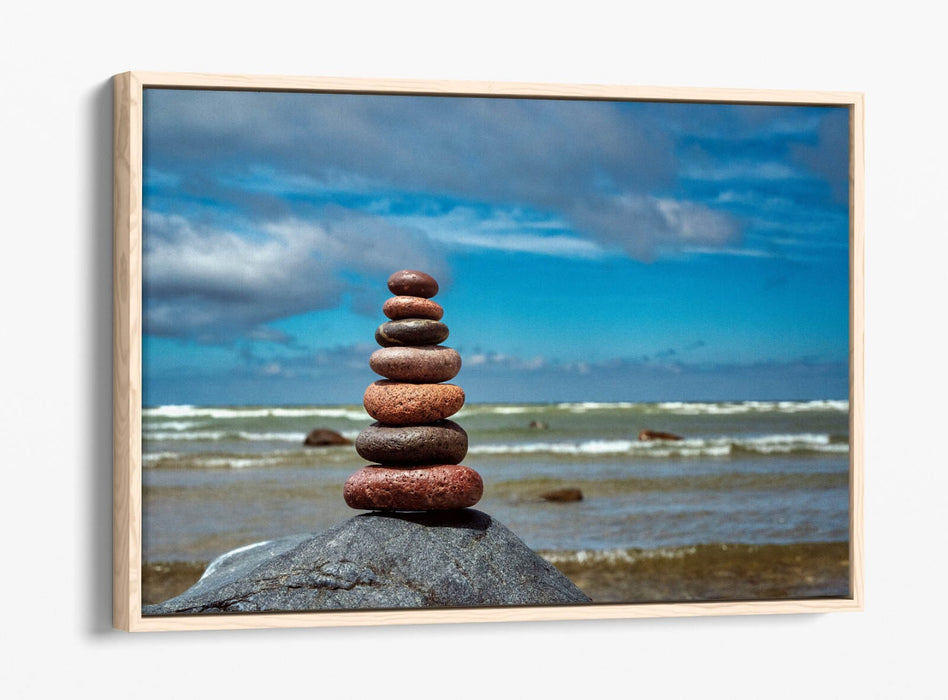 Canvas Wall Art – Stacked Zen Stones Float Effect on Seashore Beach Print
