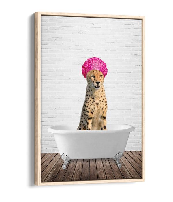 FUNNY CHEETAH IN BATHTUB -QUIRKY BATHROOM FLOAT EFFECT CANVAS WALL ART PIC PRINT