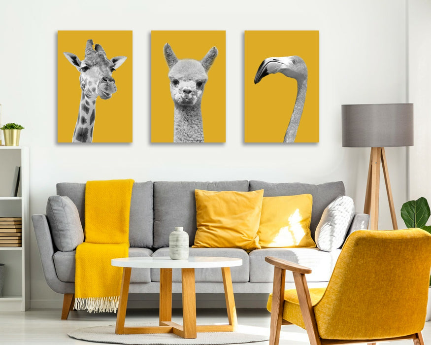 Canvas Wall Art | Handmade UK Giraffe Canvas Print Set - Black White Mustard
