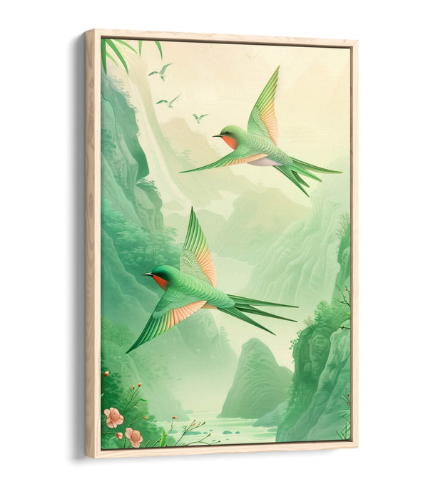 Canvas Art Print - Pink Green Swallows Flying | Handmade UK Vibrant Wall Art