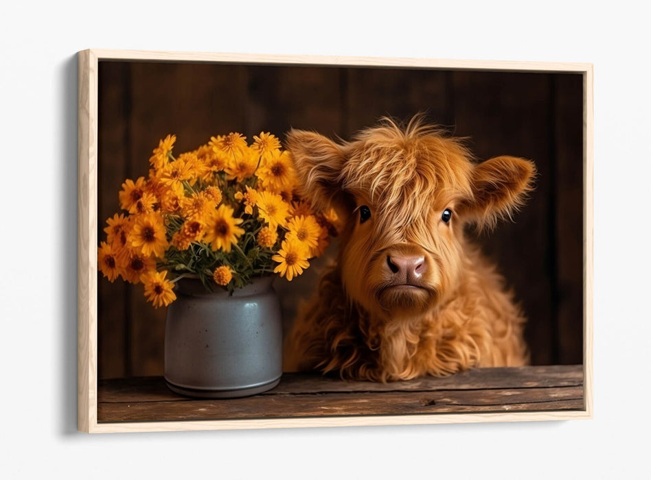 Canvas Wall Art – Baby Highland Cow With Flowers | Handmade Float Effect Canvas Print