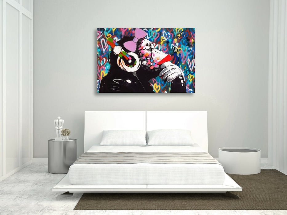 MONKEY DJ BANKSY STYLE LOVE WALL CANVAS STREET WALL ART PRINT - FEMALE GORILLA