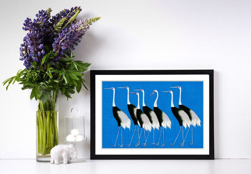 Framed Wall Art Print – Japanese Crane Poster With Woodgrain Frame Design