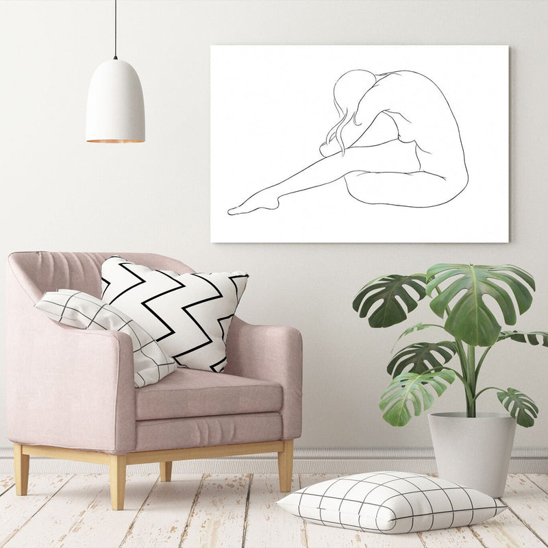 Canvas Wall Art - Black and White Nude Woman Line Drawing Artwork on Premium Canvas