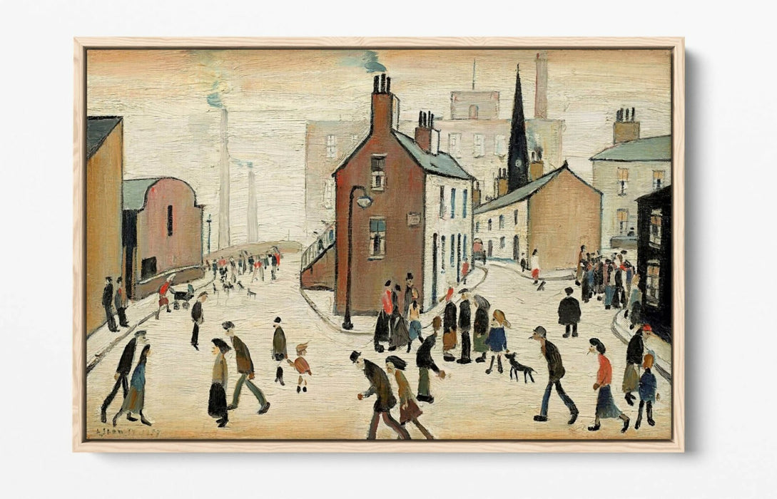 LS LOWRY STREET SCENE -FLOAT EFFECT CANVAS WALL ART PIC PRINT- BEIGE