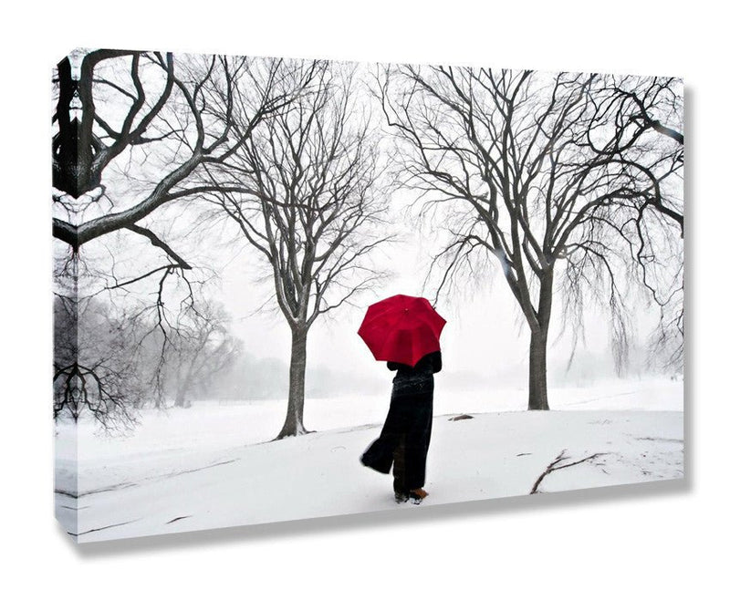 Red Umbrella Canvas Art – Handmade Snow Artwork Canvas | Framed Wall Print