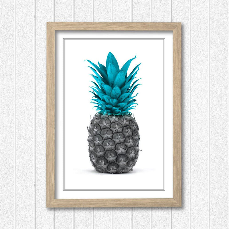 Framed Pineapple Poster – Teal Blue Wall Art With Wood Grain Frame & Good Fortune Decor