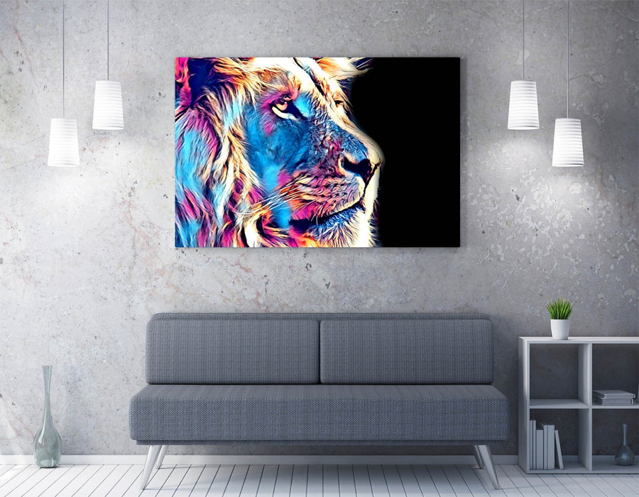 PURPLE BLUE LION SKETCH BLACK BACKGROUND 2 -CANVAS FRAMED WALL ART PIC PRINT