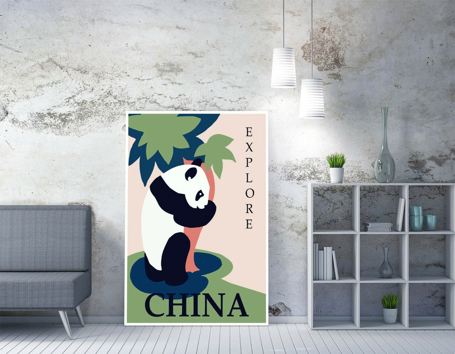 RETRO EXPLORE CHINA TRAVEL POSTER, PANDA -CANVAS WALL ART PICTURE PRINT