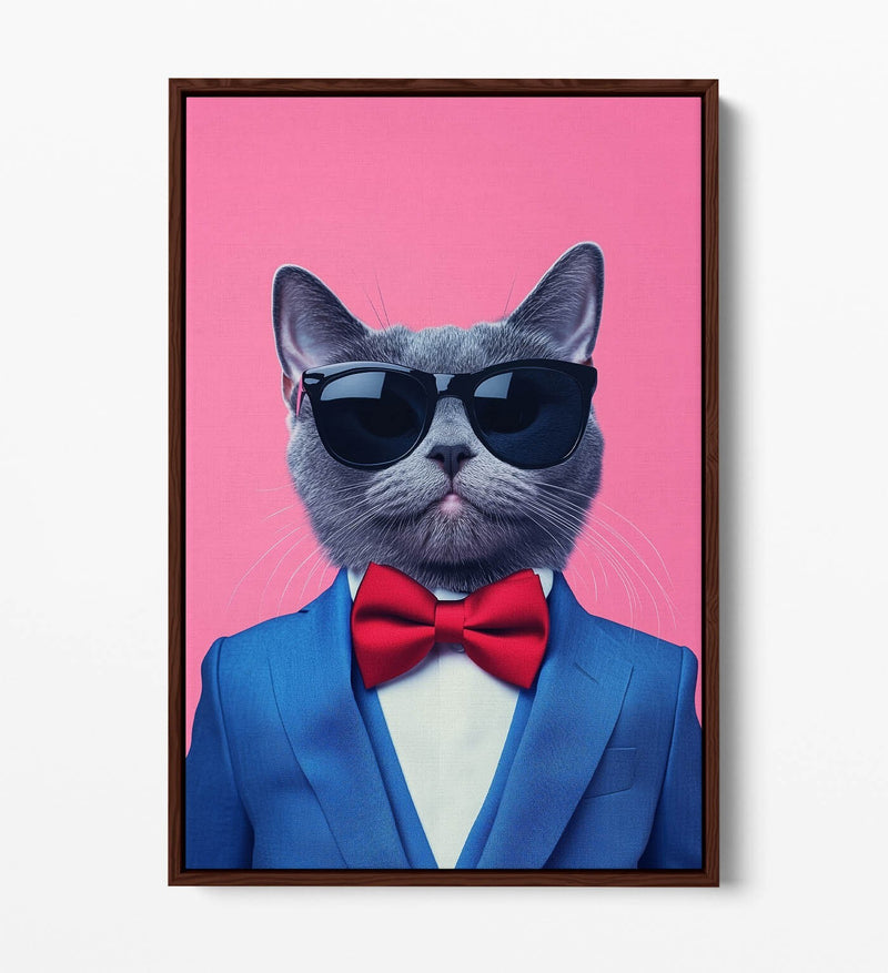 Cat Canvas Wall Art - Funny Cat Wearing Bow Tie & Sunglasses | Premium Float Frame