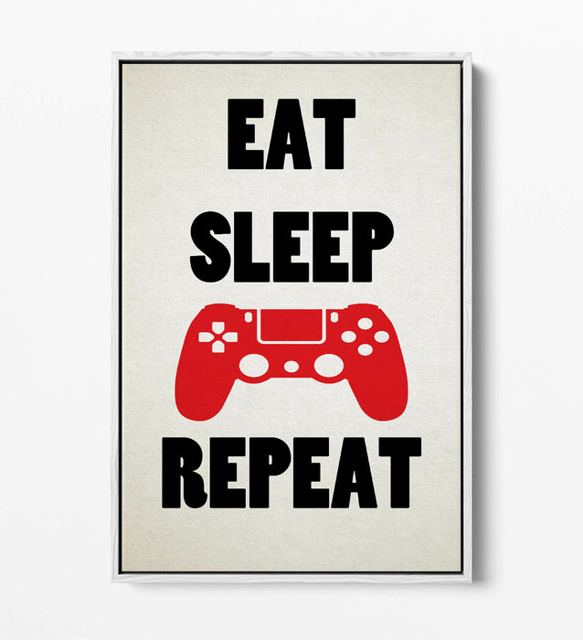 "EAT SLEEP GAME REPEAT" FUNNY GAMER QUOTE -FLOAT EFFECT CANVAS WALL ART PRINT