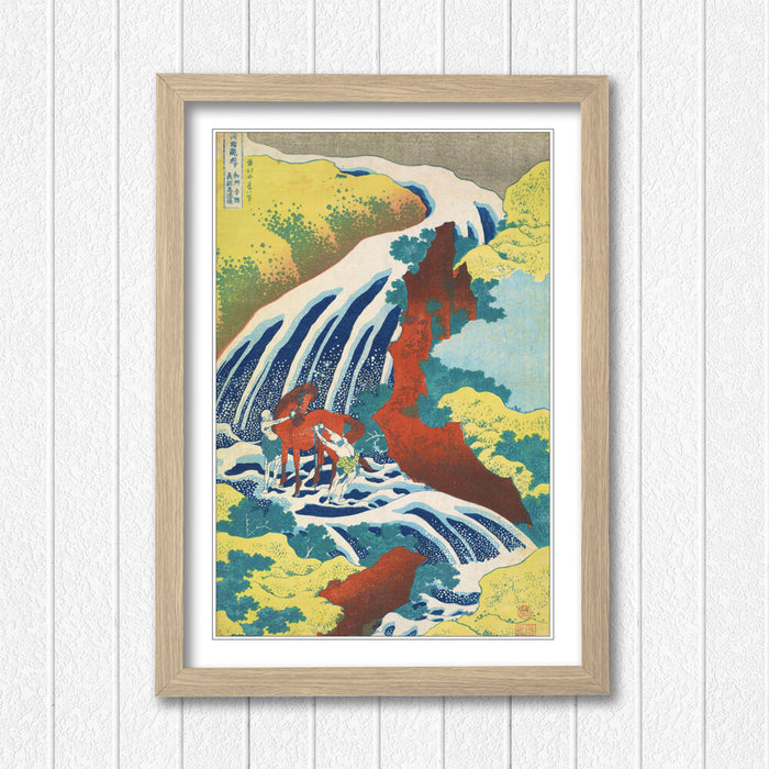 Framed Art Poster – Hokusai Japanese Waterfall Print with MDF Woodgrain Frame