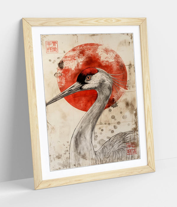 Asian Framed Wall Art – Portrait Crane Print With Red Sun | Handmade UK Frame