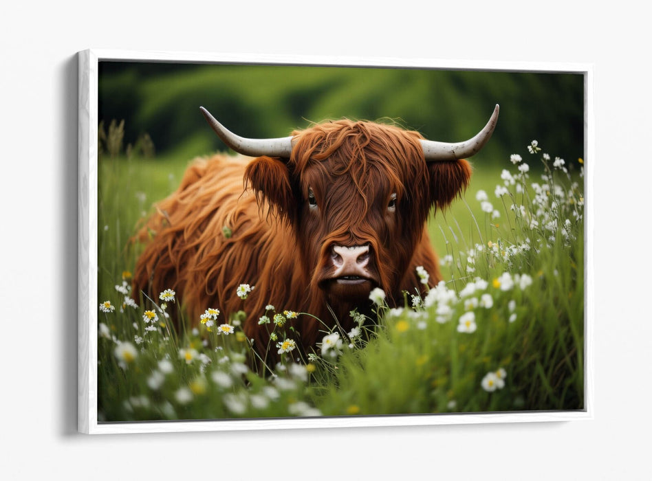 HIGHLAND COW FLOWER FIELD HOME DECOR DIGITAL FLOAT EFFECT CANVAS ART PIC PRINT