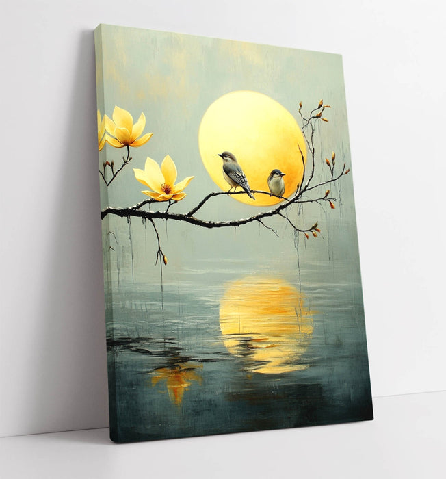 Canvas Wall Art – Pretty Birds Perched on Tree Over Water Landscape Art Print