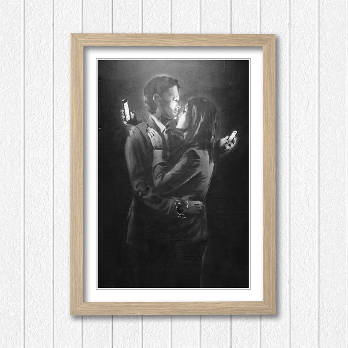 Banksy Framed Poster – Mobile Lovers Artwork | Urban Street Art Print | Ready To Hang Frame
