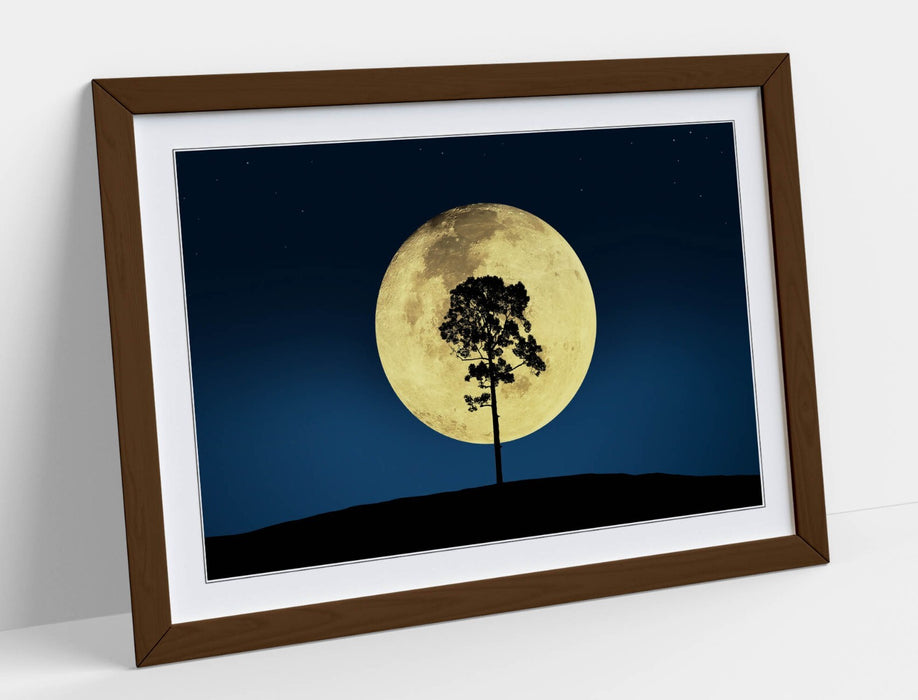 Framed Wall Art Tree Silhouette Poster – Big Moon Night Sky Blue Decor Print