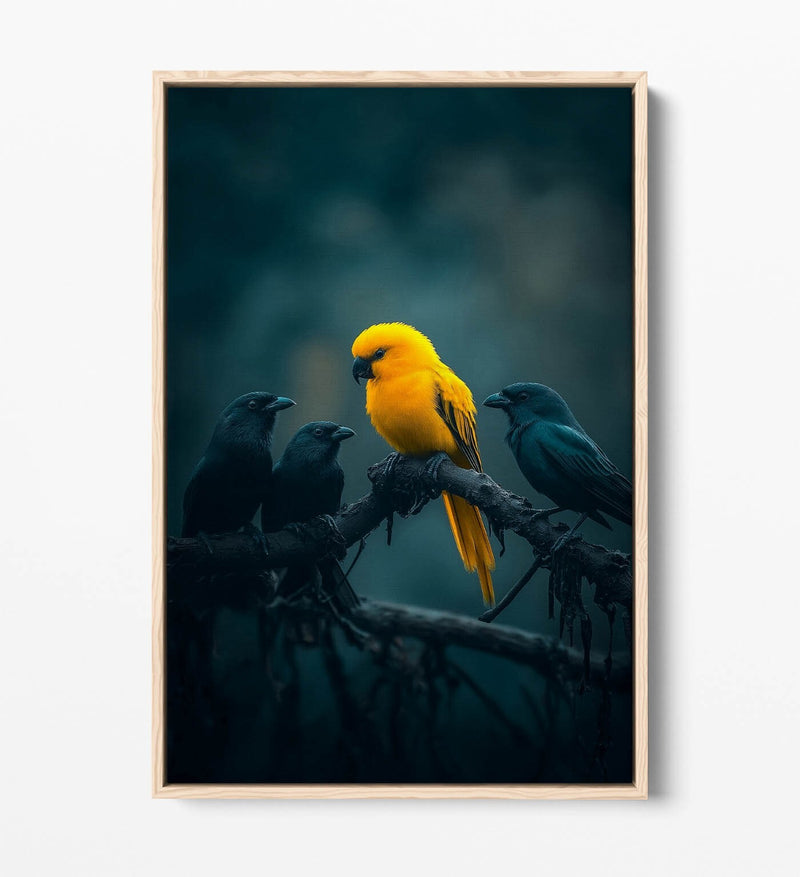 Canvas Wall Art – Yellow Bird With Black Crows | Float Effect, Ready To Hang