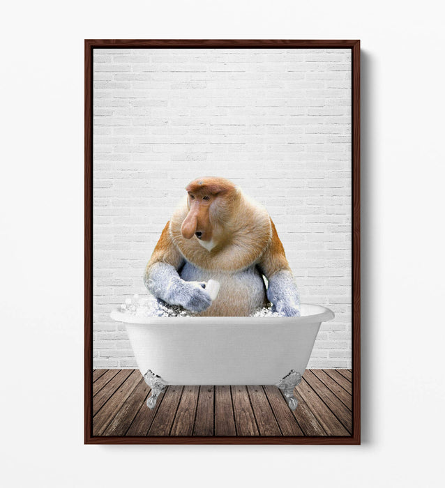 PROBISCUS MONKEY IN BATH -QUIRKY BATHROOM FLOAT EFFECT CANVAS WALL ART PRINT