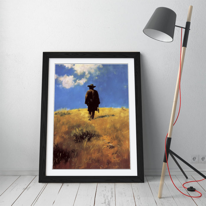 Framed Wall Art - Wandering Cowboy Blue Sky Landscape Poster Print With Woodgrain Frame